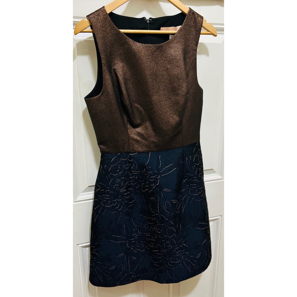 Anthropologie Hutch‎ Lina Metallic Floral Fit Flare Dress Bronze Navy Size 10 - Picture 4 of 9